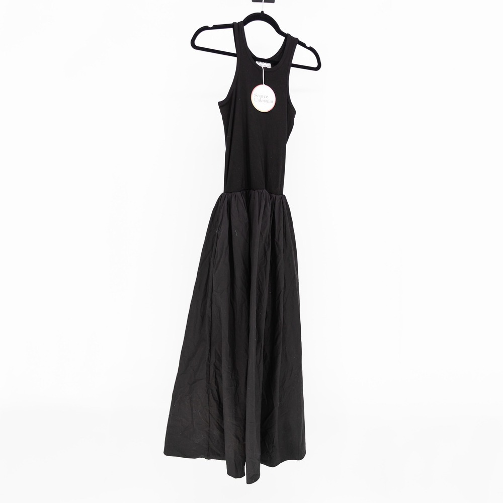 NEW Source Unknown Cotton Poplin Ribbed Knit Stretch Midi Cotton Dress Black